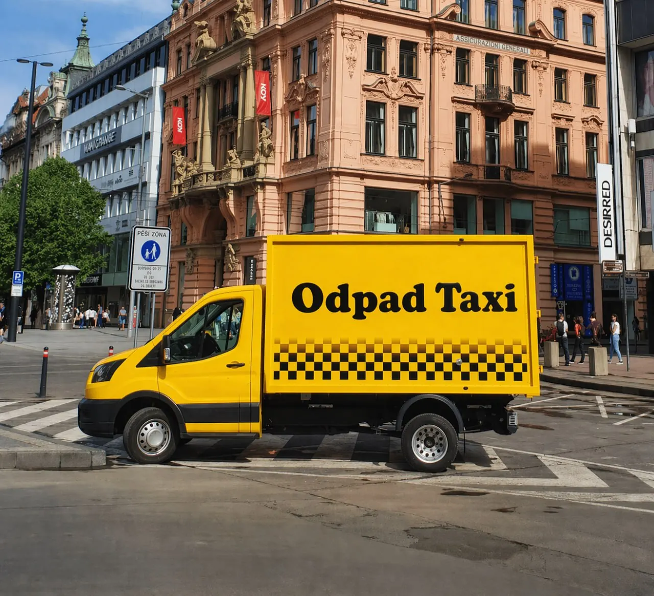 Žlutý vůz Odpad Taxi se šachovnicí v centru Prahy